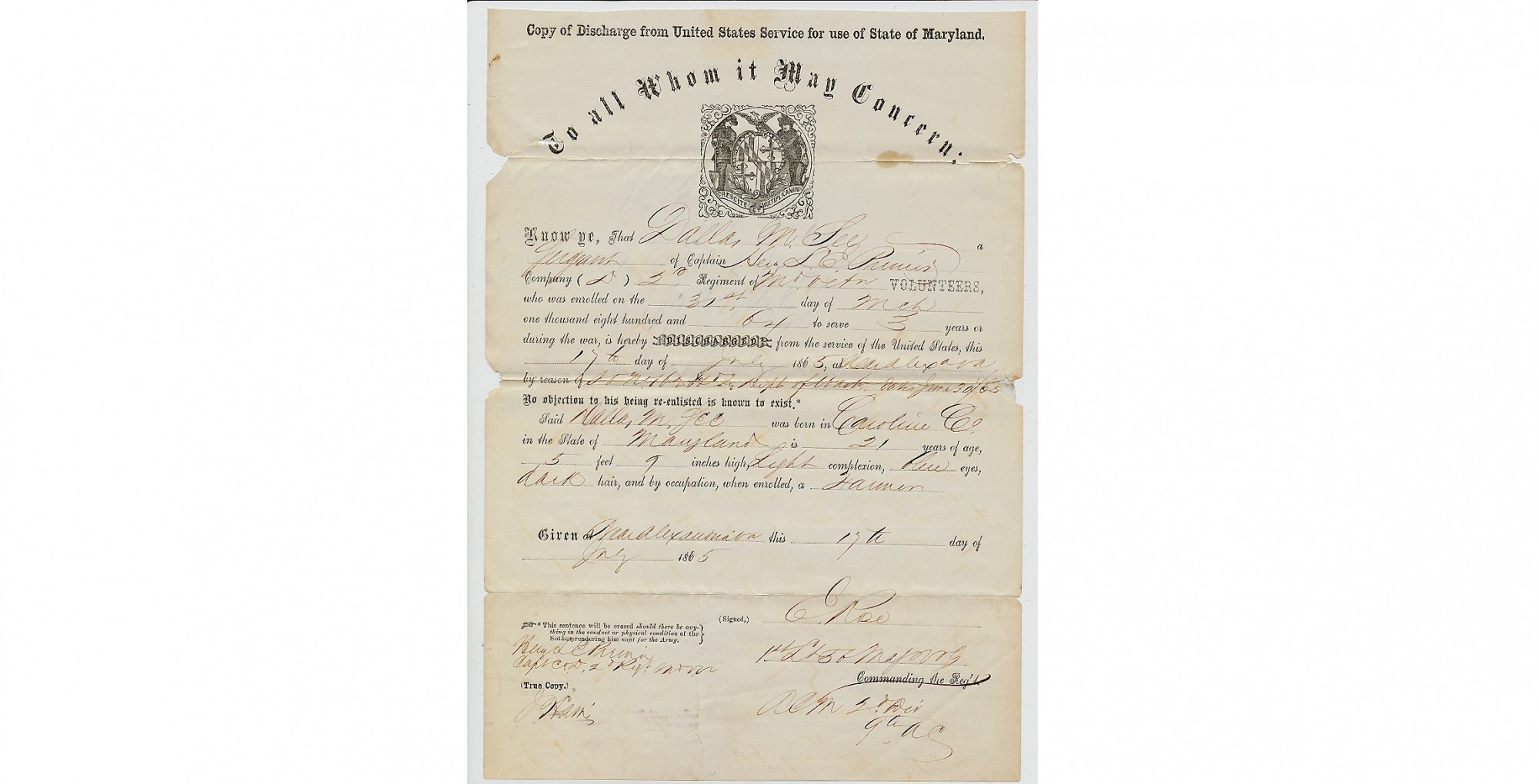 STATE OF MARYLAND FEDERAL DISCHARGE / BOUNTY CERTIFICATE - SERGEANT DALLAS M. LEE, CO. D, 2ND REGIMENT MARYLAND VETERAN VOLUNTEERS