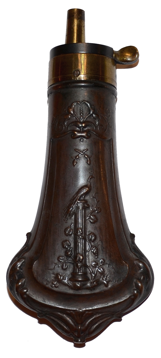 VERY NICE PEACOCK POWDER FLASK ASSOCIATED WITH COLT ROOT REVOLVERS