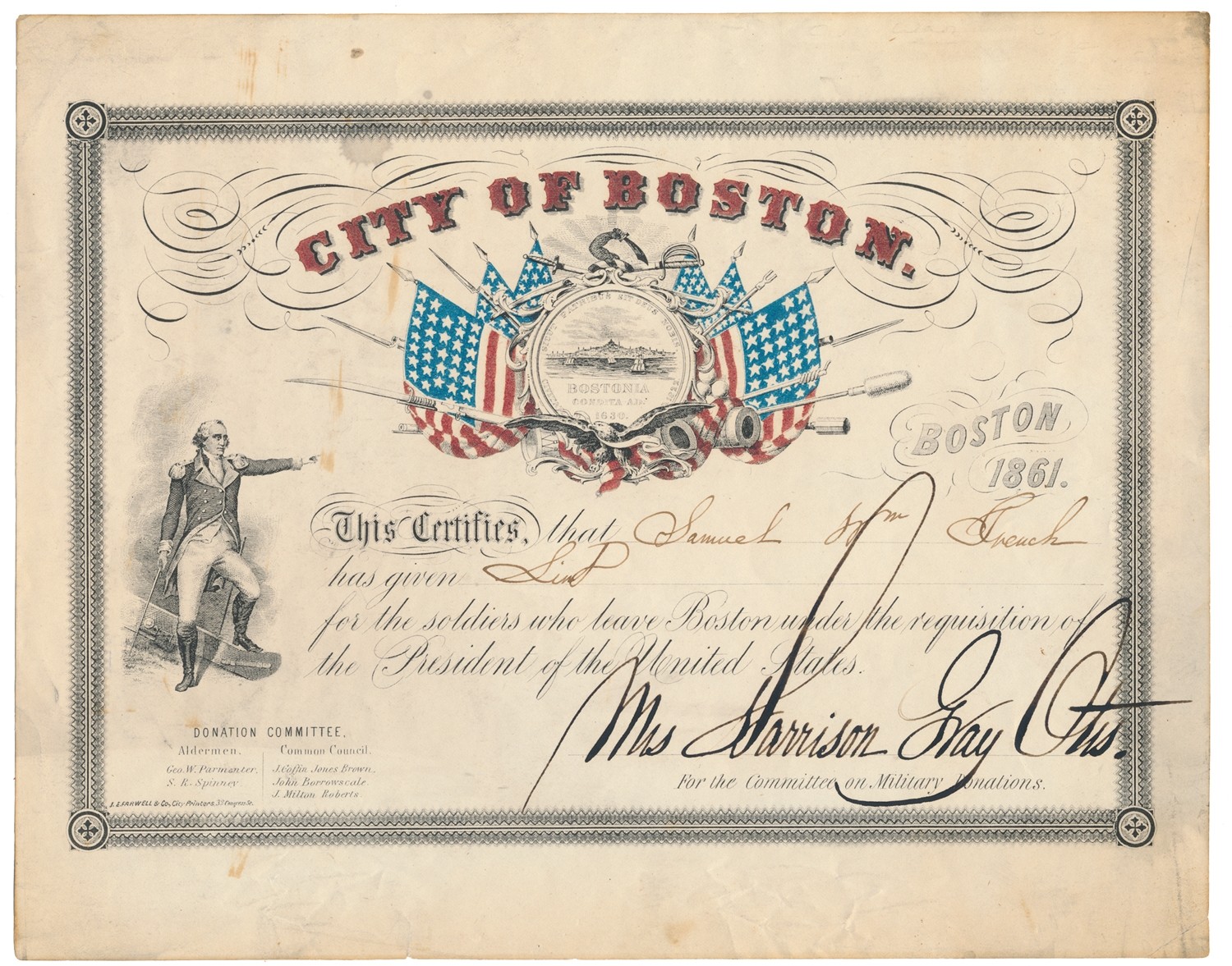 COLORFUL CITY OF BOSTON DONATION RECEIPT, SIGNED BY THE AUTHOR OF 