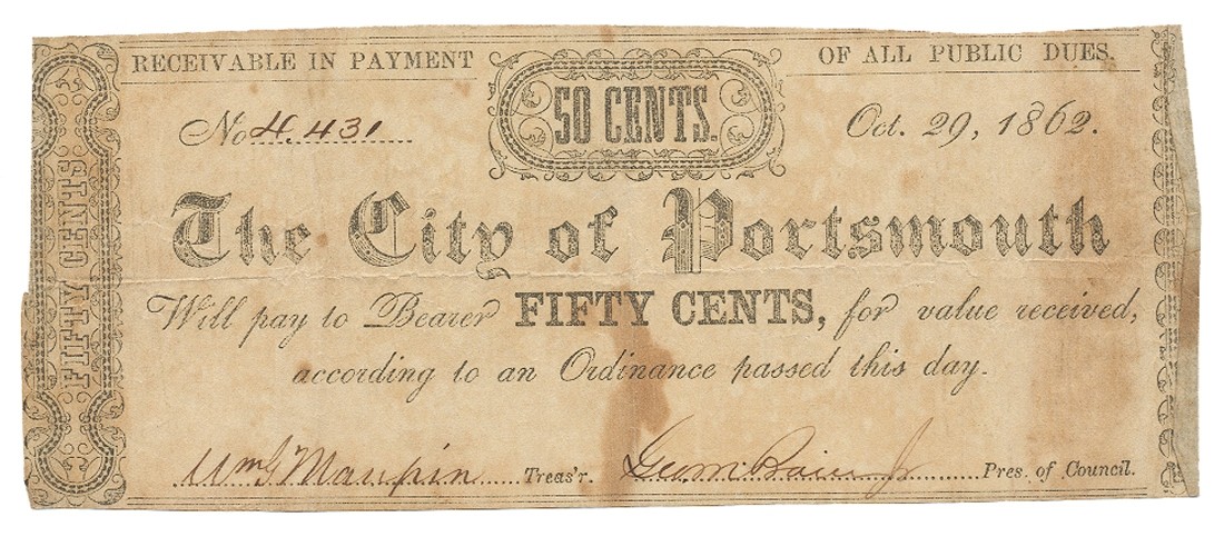THE CITY OF PORTSMOUTH VA 50 CENT NOTE OCTOBER 29, 1862