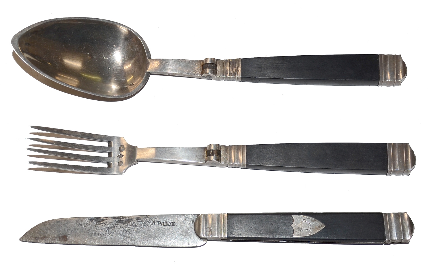 EARLY SILVER MOUNTED TRAVELER’S OR OFFICER’S FOLDING UTENSIL SET