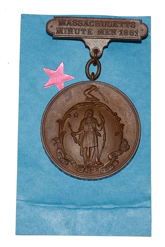 MASSACHUSETTS MINUTE MAN MEDAL IDENTIFIED TO CHARLES H. BOND, 3RD MASSACHUSETTS RIFLES BATTALION