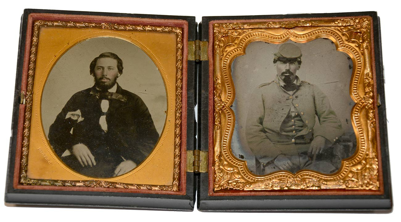 VERY ATTRACTIVE DOUBLE CASED SIXTH-PLATE AMBROTYPES OF CIVILIAN AND CONFEDERATE SOLDIER IN A RARE UNION CASE