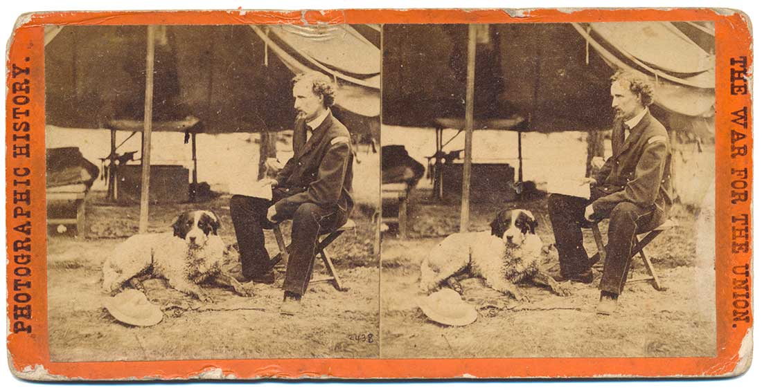 MATTHEW BRADY STEREOVIEW OF CUSTER IN HIS HEADQUARTERS IN THE FIELD 