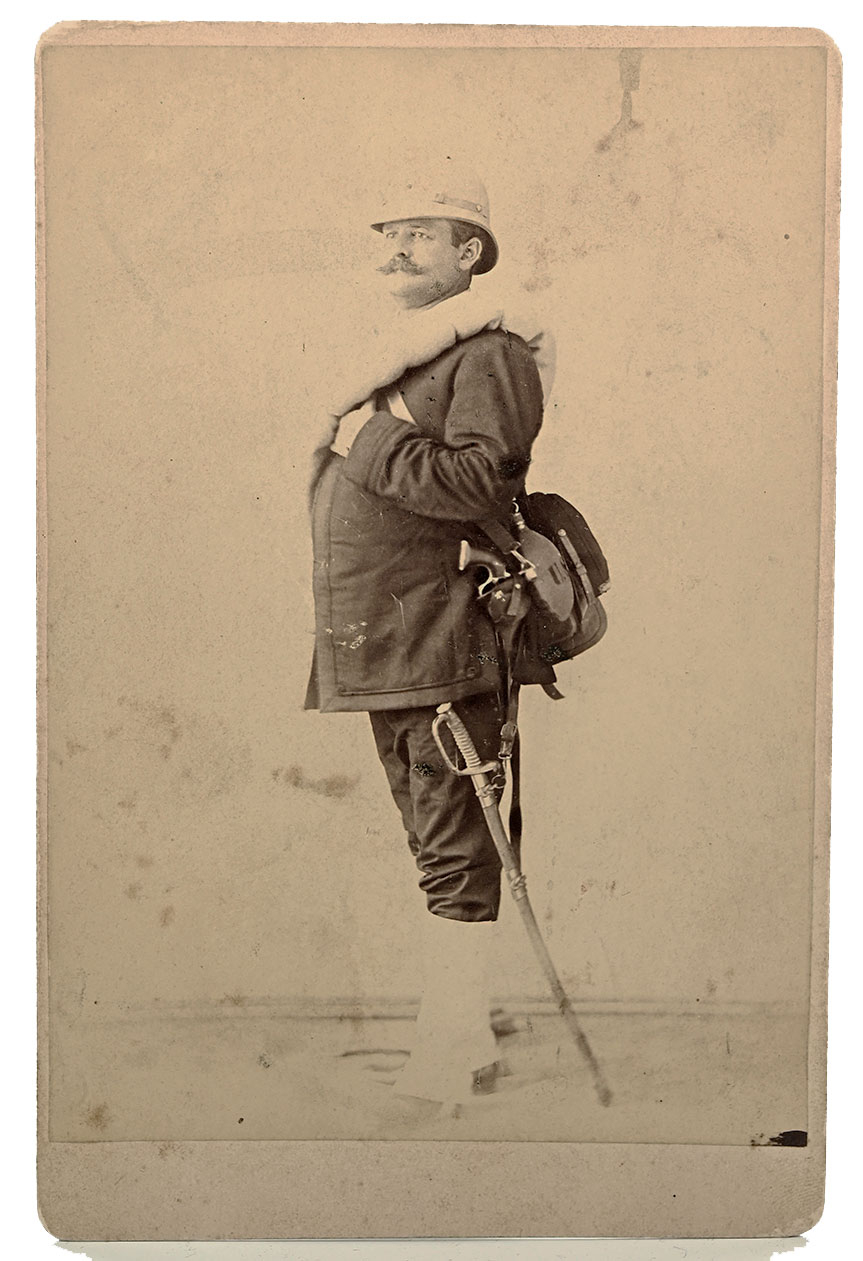 CABINET CARD PHOTO OF US NAVY SPANISH AMERICAN WAR OFFICER ATTIRED FOR CAMPAIGN SERVICE ON LAND- WILLIAM H. SCHUETZE- HE OPENED THE BATTLE OF SANTIAGO