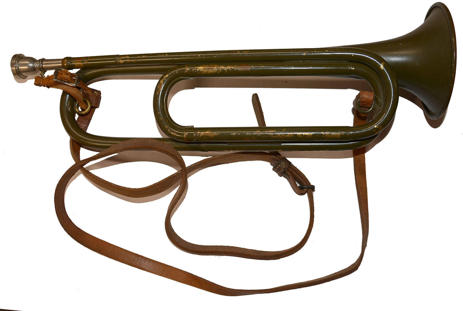 RARE WORLD WAR II QUARTMASTER BUGLE, PAINTED OLIVE DRAB