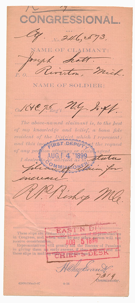 1899 PENSION DOCUMENT – JOSEPH SCOTT, 75TH NEW YORK INFANTRY