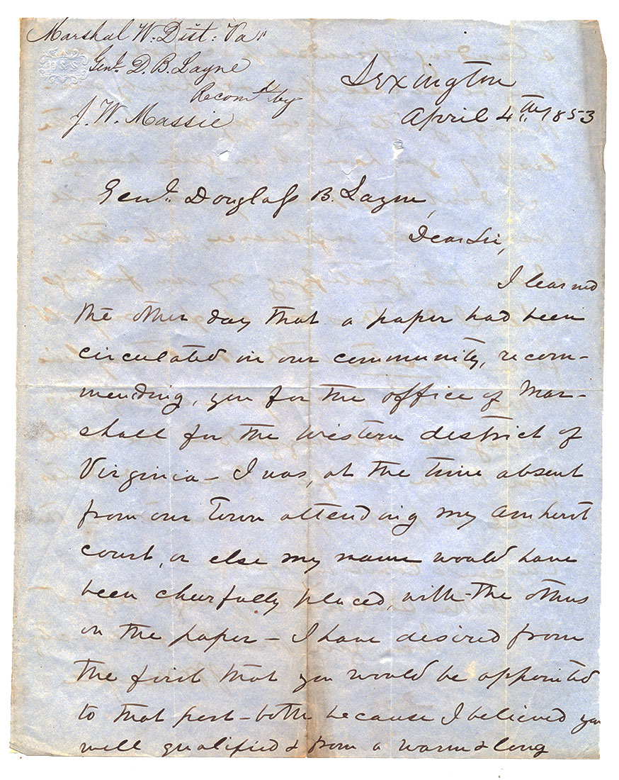 ANTEBELLUM ALS BY VMI PROFFESOR AND CS LT. COL. JAMES WOODS MASSIE – 51ST VIRGINIA INFANTRY; SERVED WITH STONEWALL JACKSON EARLY IN THE CIVIL WAR