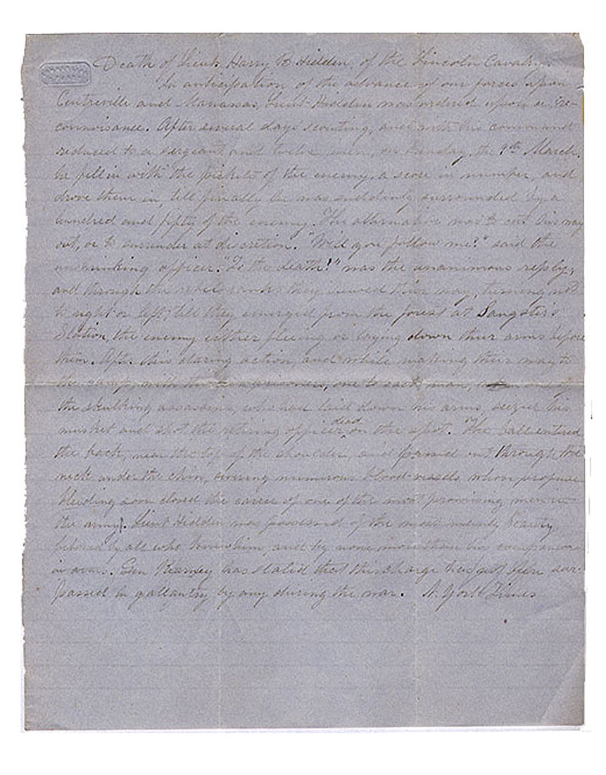 HANDWRITTEN COPY OF NEW YORK TIMES ARTICLE - DEATH OF 1ST LT. HENRY B. HIDDEN, 1ST NEW YORK CAVALRY 