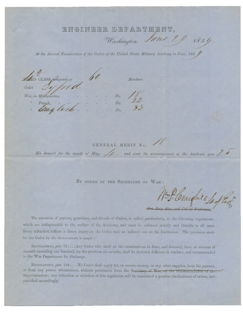 1859 WEST POINT ANNUAL EXAMINATION REPORT FOR STEPHEN C. LYFORD, 1ST US DRAGOONS, 1ST US CAVALRY, 3RD US ARTILLERY; BREVET CAPTAIN , MAJOR & LT. COLONEL