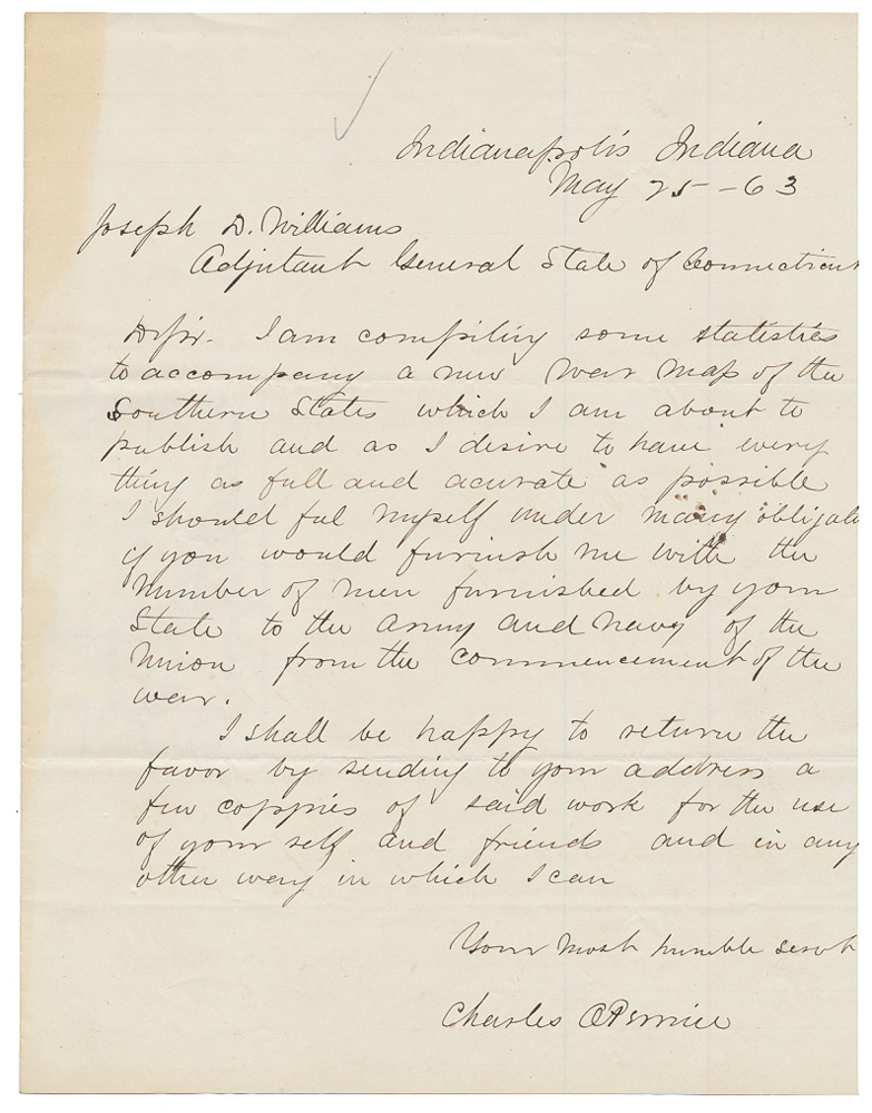 1863 ALS PUBLISHER CHARLES O. PERRINE TO CONNECTICUT ADJ. GEN. JOSEPH D. WILLIAMS