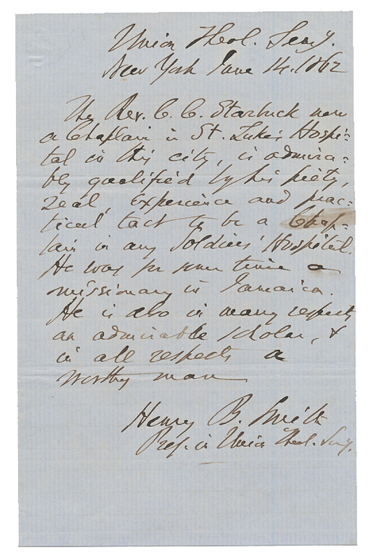 1862 ALS PROFESSOR HENRY B. SMITH, UNION THEOLOGICAL SEMINARY IN NEW YORK