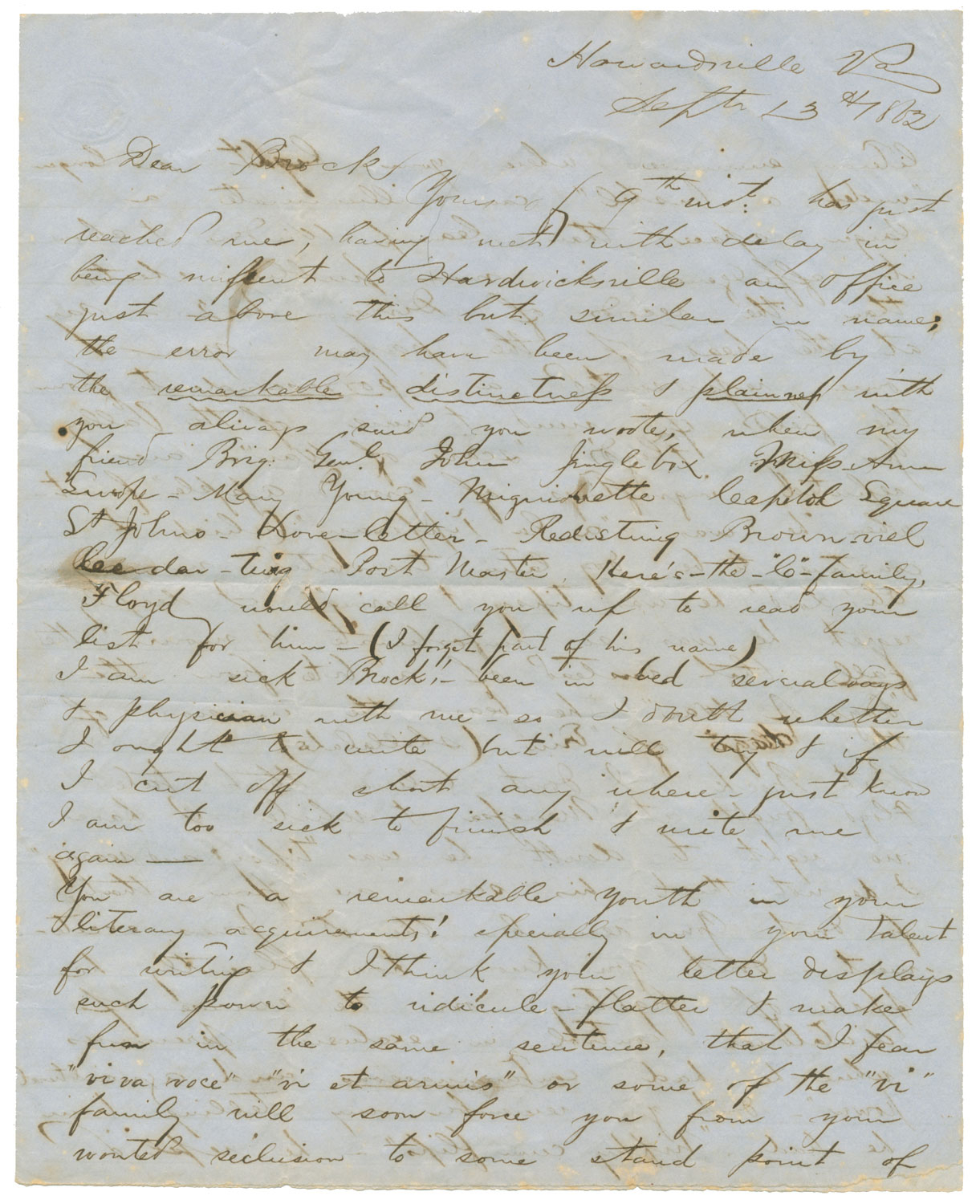 CONFEDERATE SOLDIER LETTER - FIRST LIEUT. WILLIAM C. CARRINGTON, 15TH VIRGINIA CAVALRY