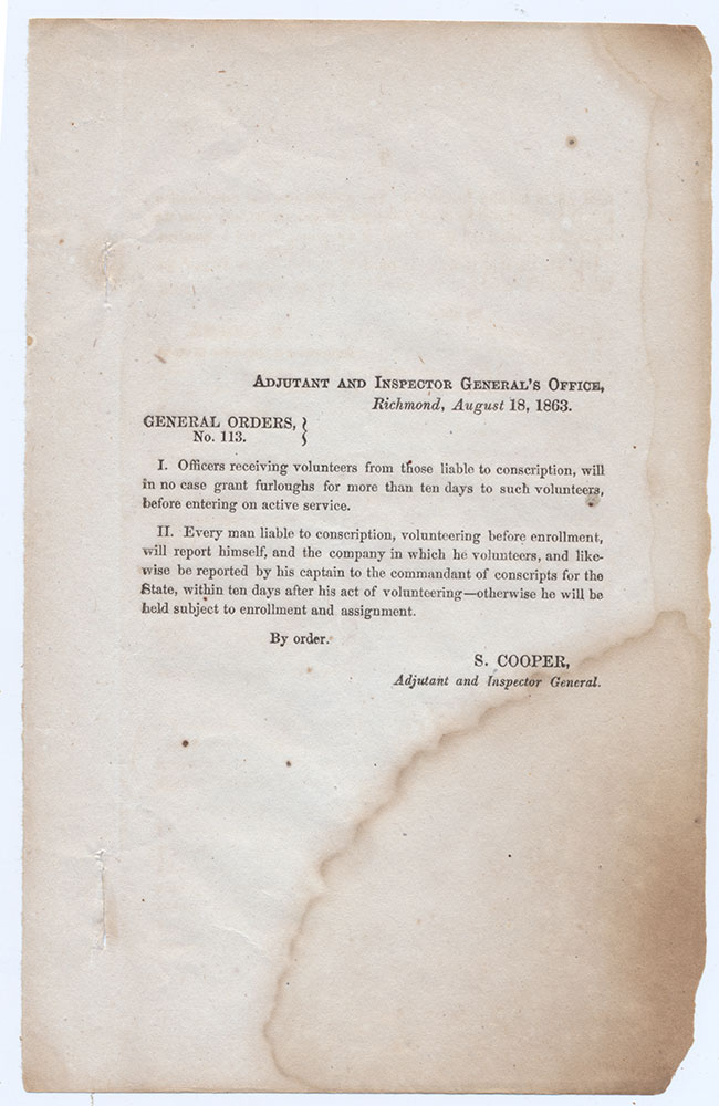 CONFEDERATE GENERAL ORDERS DOCUMENT – VOLUNTEERS AND CONSCRIPTS
