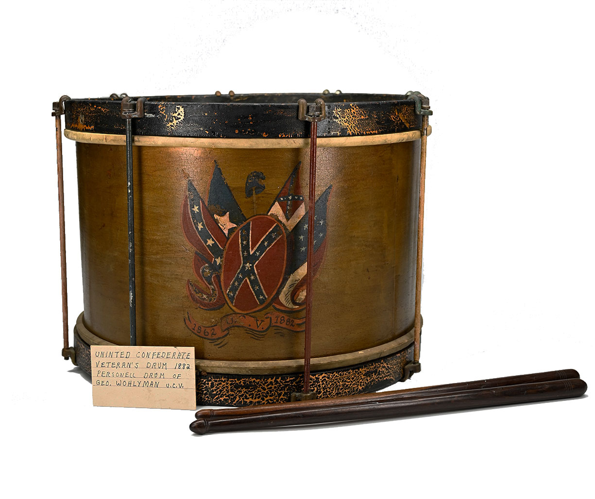 UNITED CONFEDERATE VETERANS PAINT-DECORATED DRUM- C.S. NATIONAL FLAGS, SHIELD, LIBERTY CAP; MOUNTED WITH PHOTO OF DRUMMER; WITH DRUMSTICKS