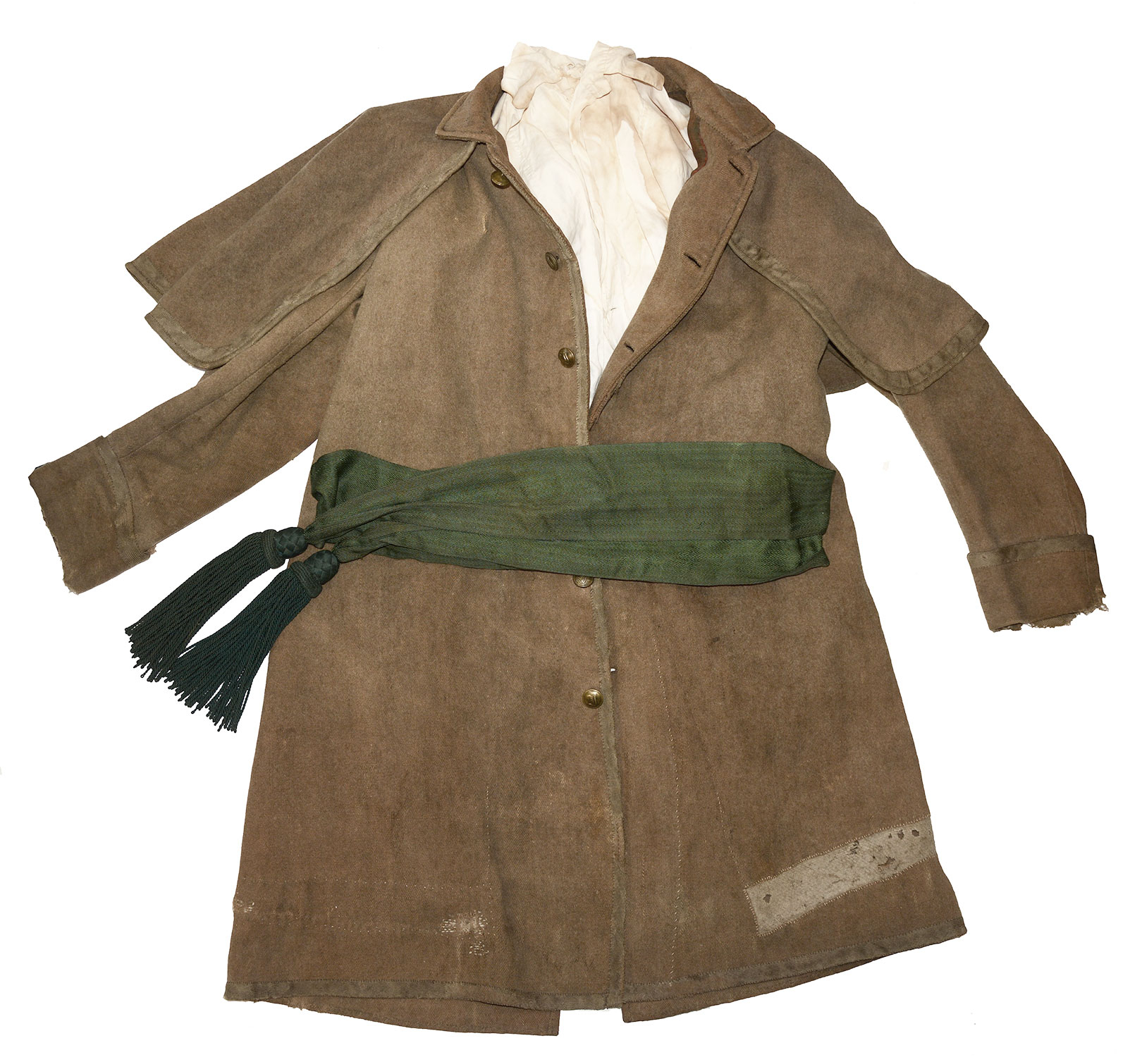 A CONFEDERATE SURGEON'S GREATCOAT, SASH AND SHIRT