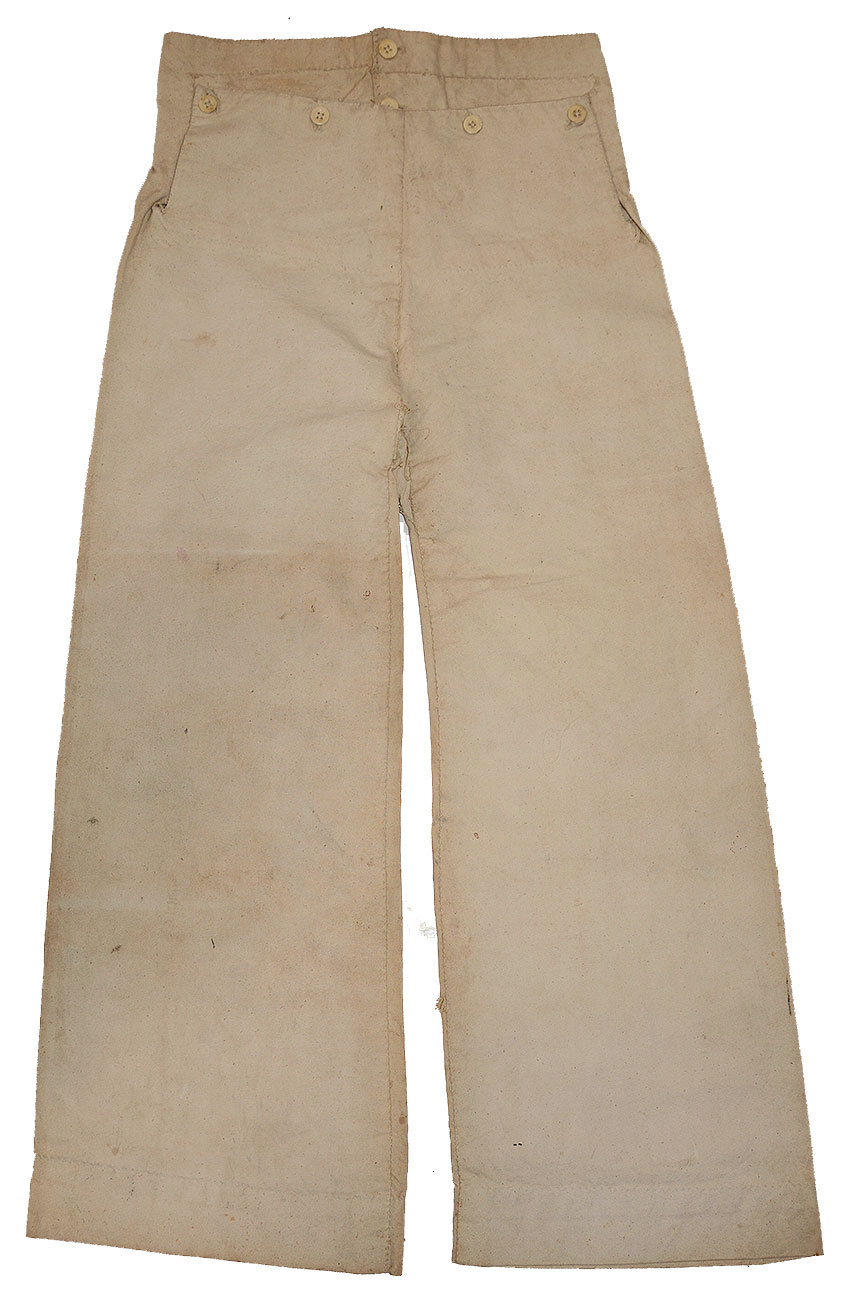 CIVIL WAR NAVY SEAMAN’S WHITE DUCK TROUSERS OF JOSEPH DUFFY, USS PORT ROYAL 1862-1865, NORTH ATLANTIC BLOCKADING SQUADRON 