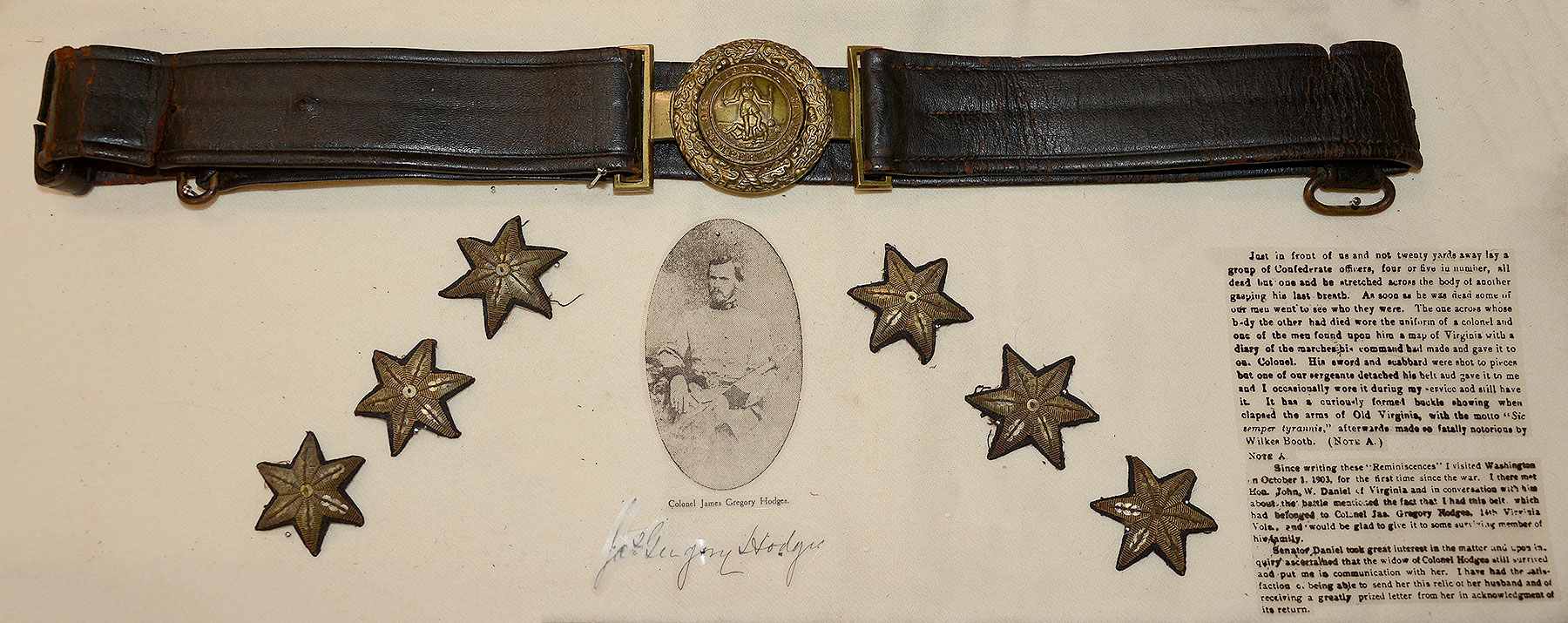 VIRGINIA OFFICER’S BELT PLATE REMOVED FROM THE BODY OF COL. JAMES G. HODGES, 14th VIRGINIA, KILLED IN PICKETT’S CHARGE, WITH HIS COLONEL’S STARS- THE PLATE RETURNED TO HIS WIDOW IN 1903! 