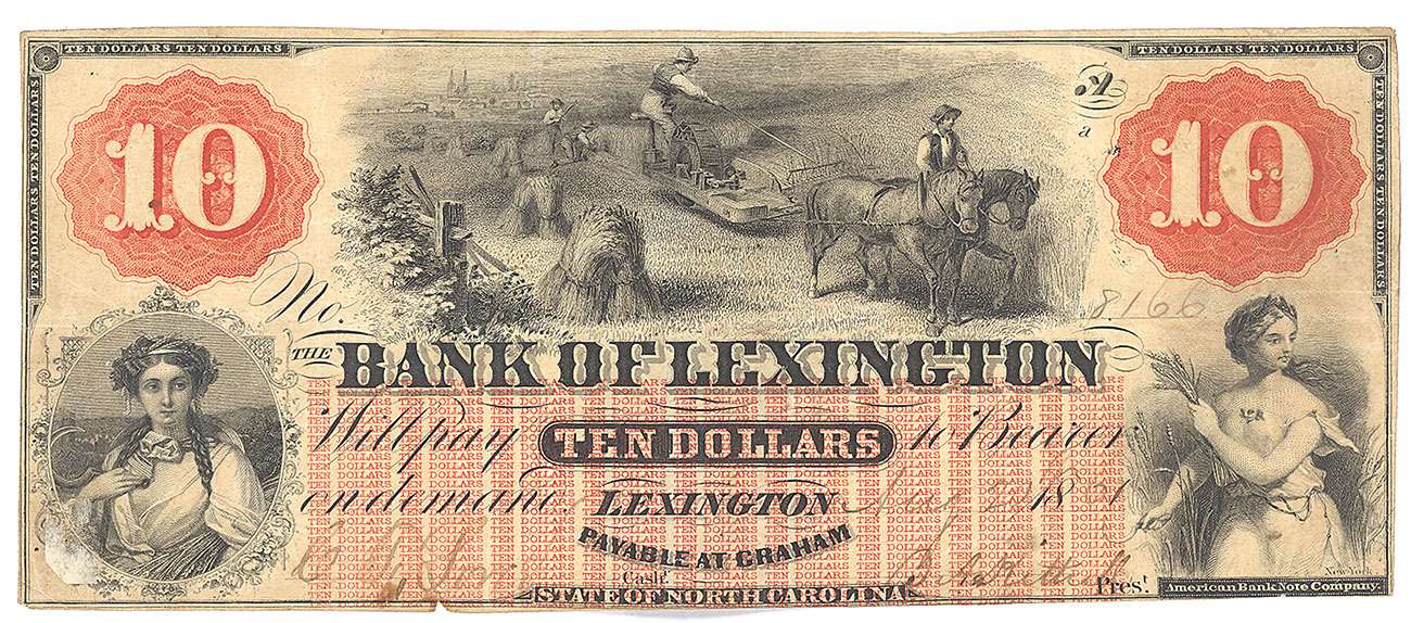 BANK OF LEXINGTON, NORTH CAROLINA $10 NOTE