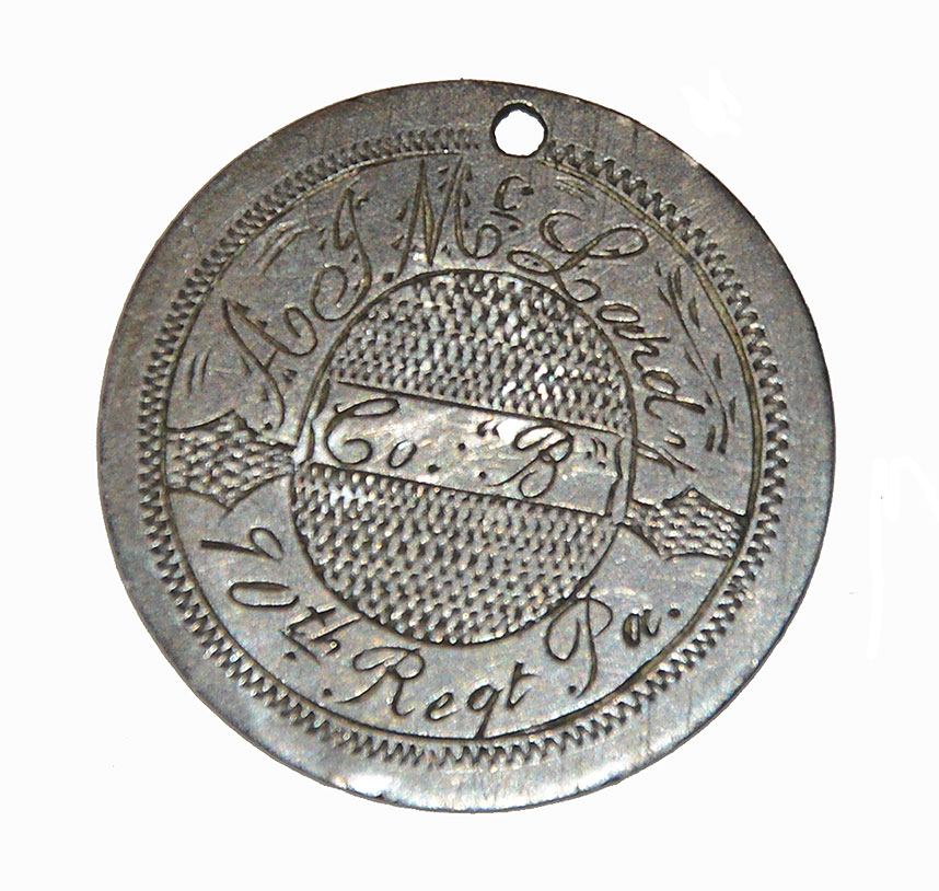 90th PENNSYLVANIA INFANTRY JEWELER MADE ID PIN: ANDREW MCLARDY, LOST AN ARM AT ANTIETAM- “A HOT PLACE”