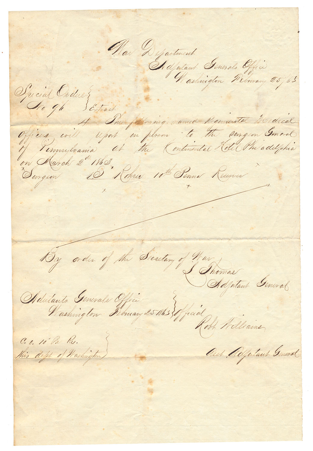 WAR DEPARTMENT DOCUMENT SPECIAL ORDER SURGEON BENJAMIN ROHRER, 10TH REGT. PENNSYLVANIA RESERVES