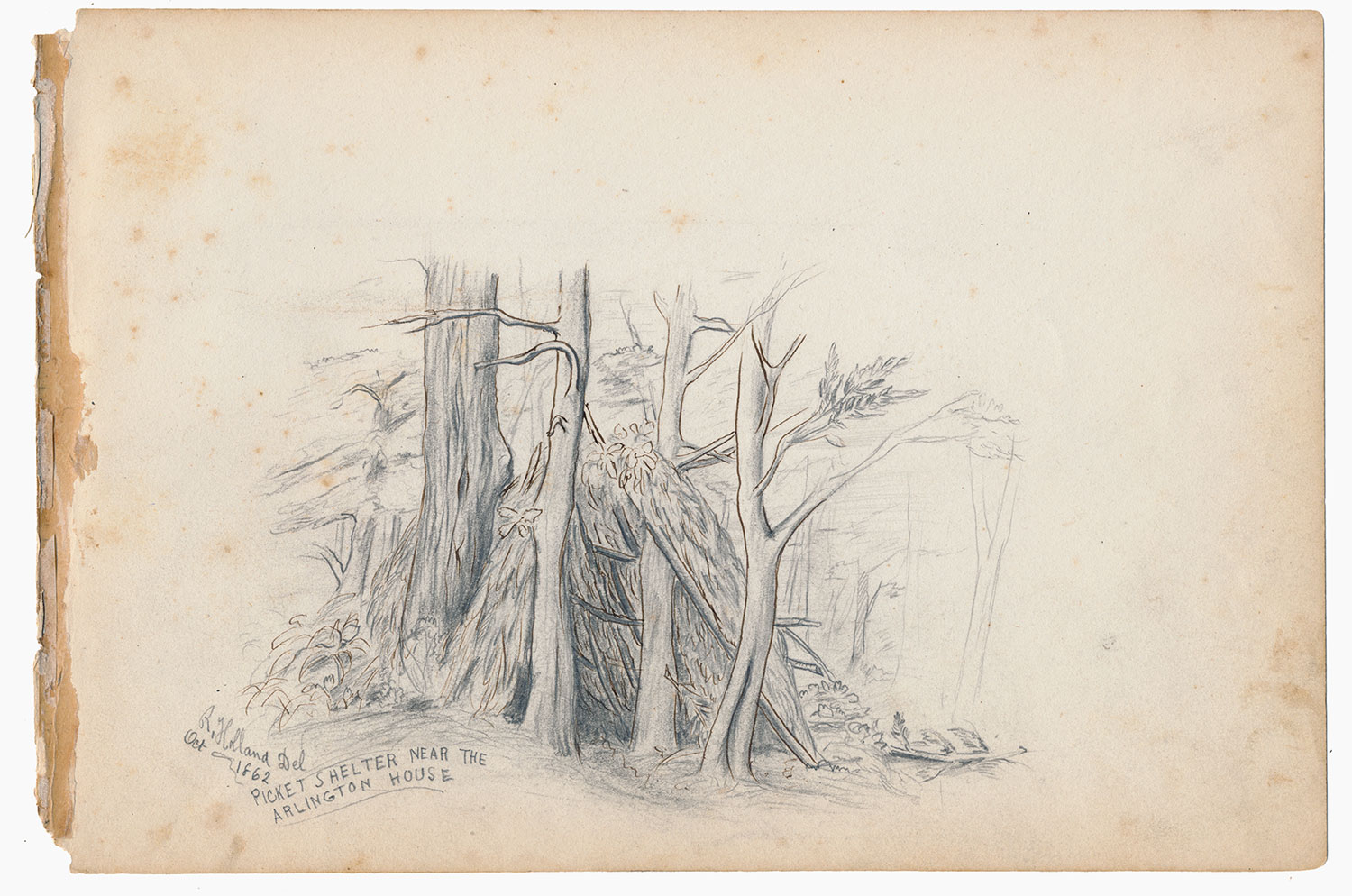 1862 FULL PAGE SKETCH OF PICKET SHELTER NEAR ARLINGTON HOUSE FROM 9TH MASSACHUSETTS BATTERY ARTIST RICHARD HOLLAND