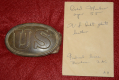 OVAL PUPPY-PAW US BELT PLATE WITH LEATHER RECOVERED IN 1955 BY SYD KERKSIS IN U.S. 2nd CORPS LINES AT COLD HARBOR