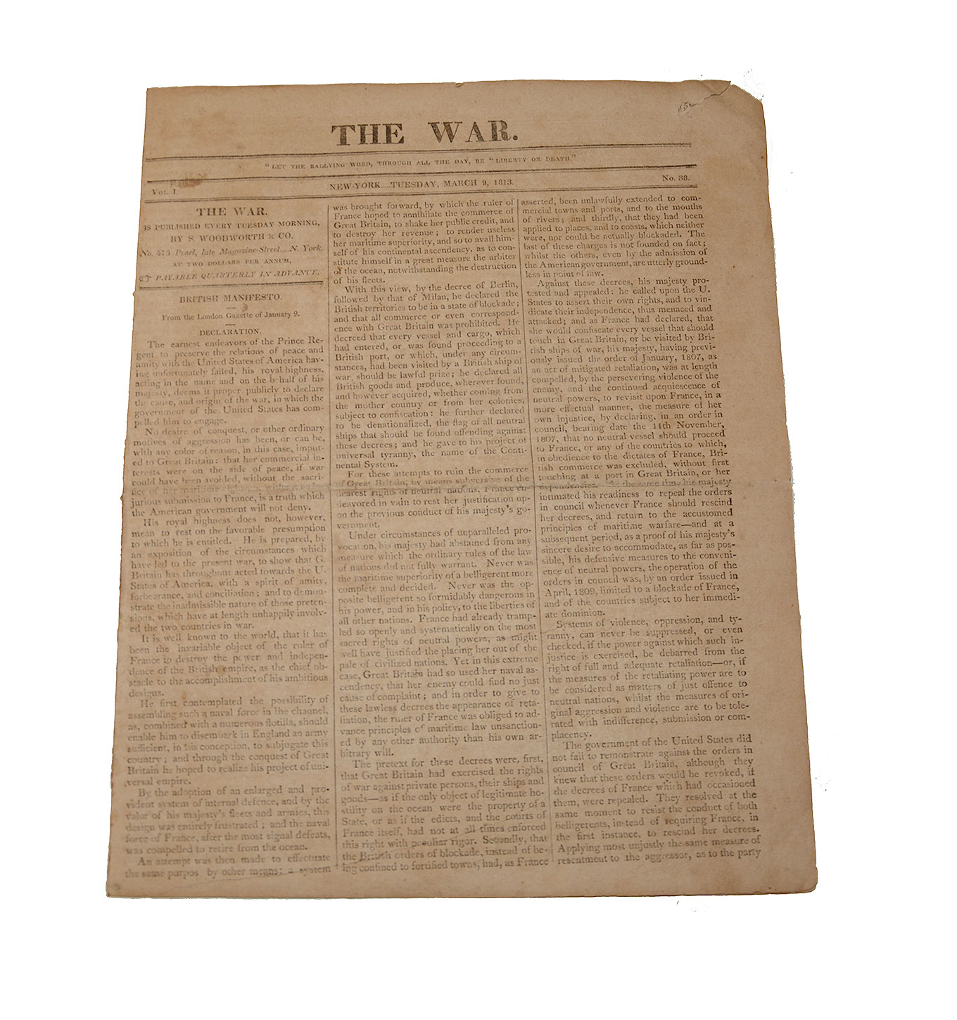 MARCH 9, 1813 ISSUE OF “THE WAR” NEWSPAPER (WAR OF 1812)