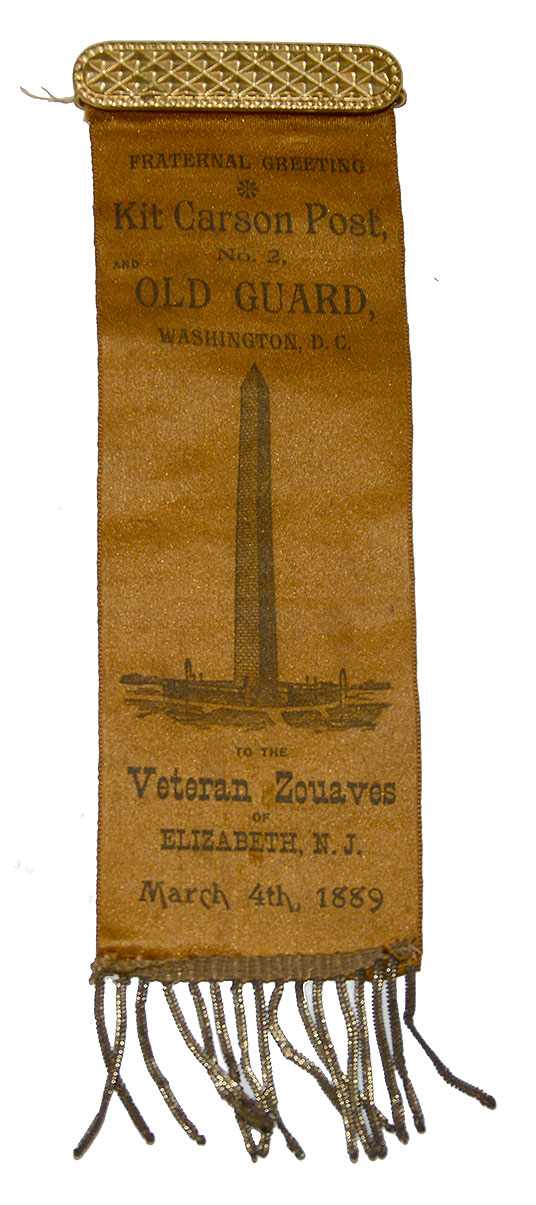 VERY SCARCE 1889 GAR REUNION RIBBON BADGE – OLD GUARD AND KIT CARSON POST #2 OF D.C. – VETERAN ZOUVES OF ELIZABETH, NJ