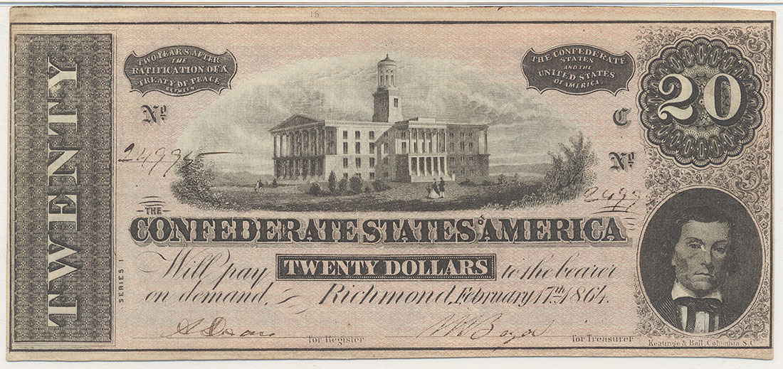PMG GRADED 1864 CSA T-67 $20 NOTE FEATURING TENNESSEE STATE CAPITOL