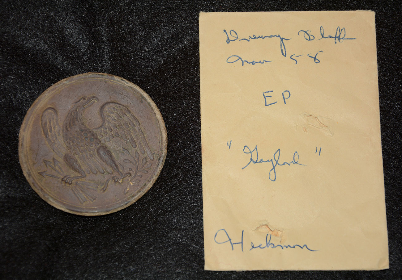 GAYLORD MARKED EAGLE CARTRIDGE BOX BELT PLATE FOUND NOVEMBER 1958 BY SID KERKSIS AT DREWRY’S BLUFF IN HECKMAN’S LINES