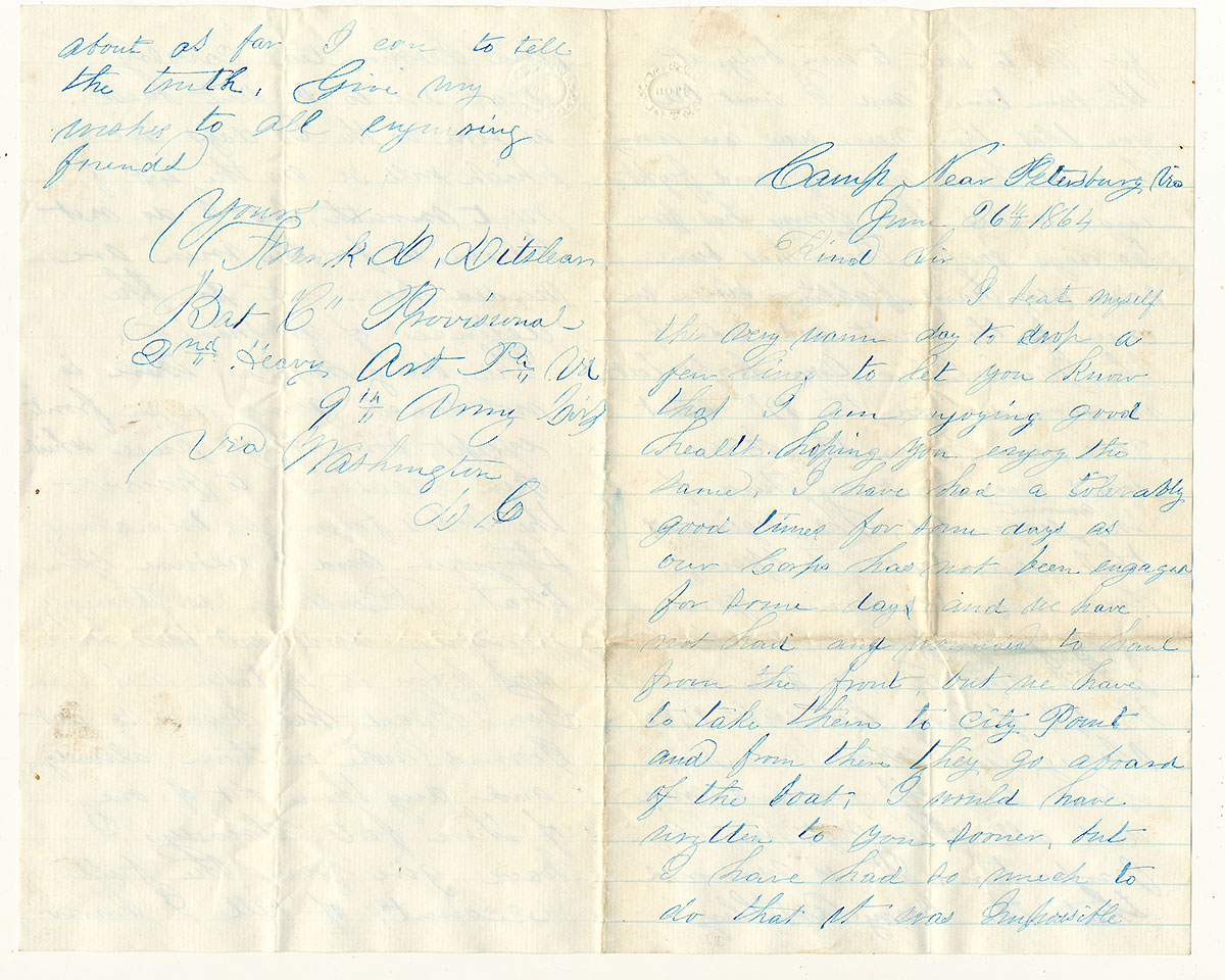  2nd PA PROVISIONAL HEAVY ARTILLERY LETTER – JUNE 26, 1864 – COMBAT CONTENT