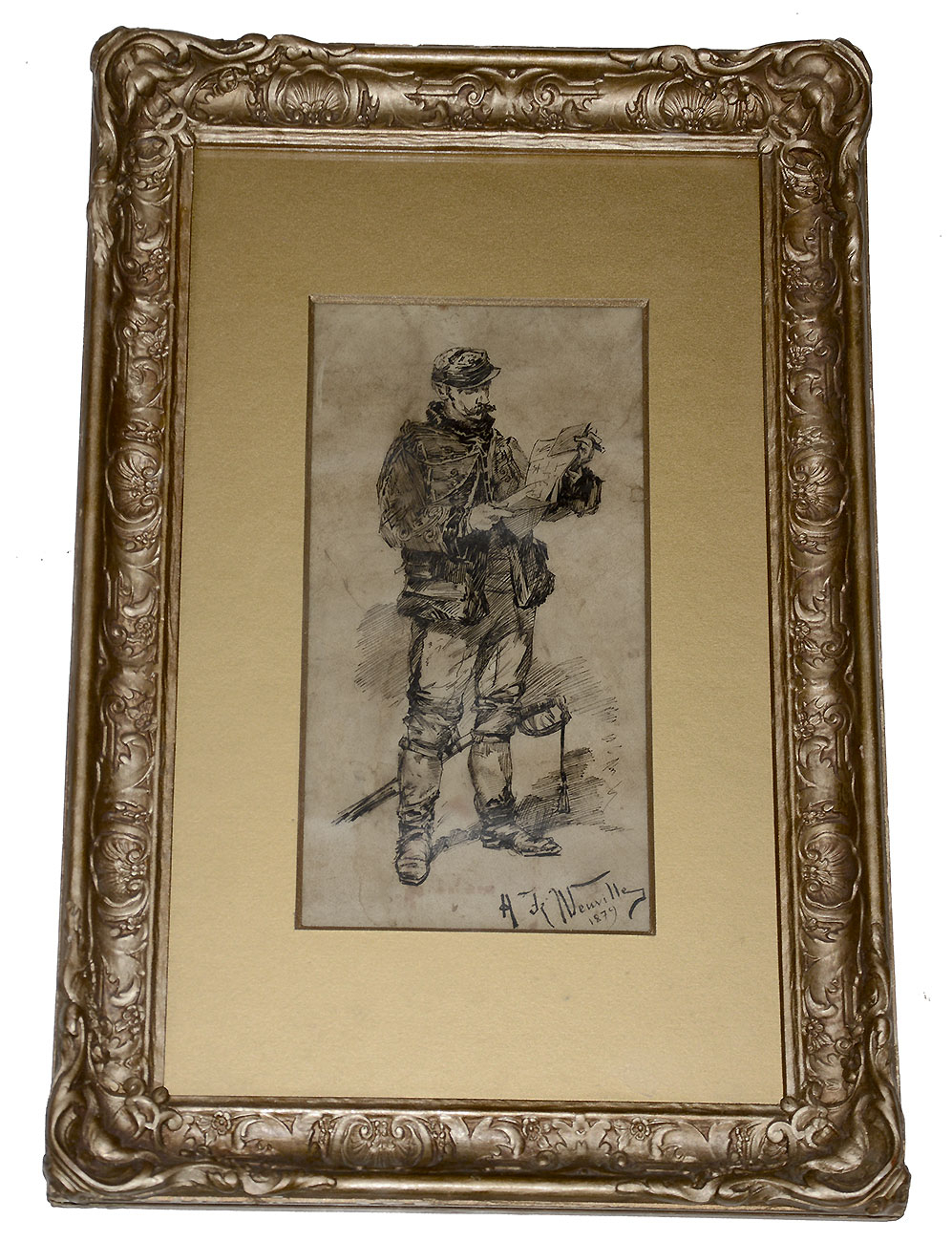 ORIGINAL 1874 PEN & INK DRAWING ON PARCHMENT – “SOLDIER WITH DOCUMENTS” BY ALPHONSE-MARIE-ADOLPHE DE NEUVILLE