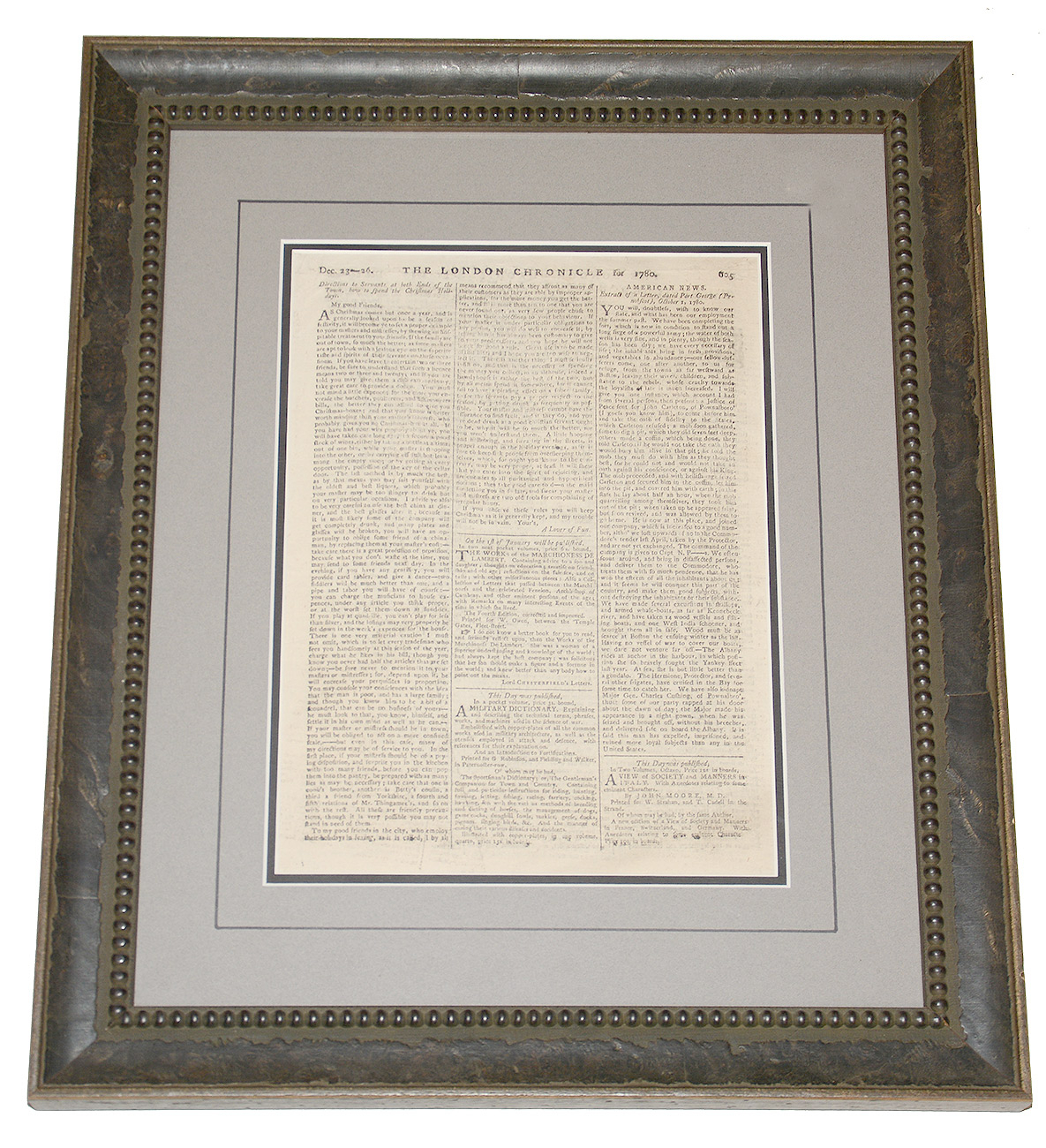 FRAMED LEAF FROM THE LONDON CHRONICLE FOR 1780 — LOYALIST 