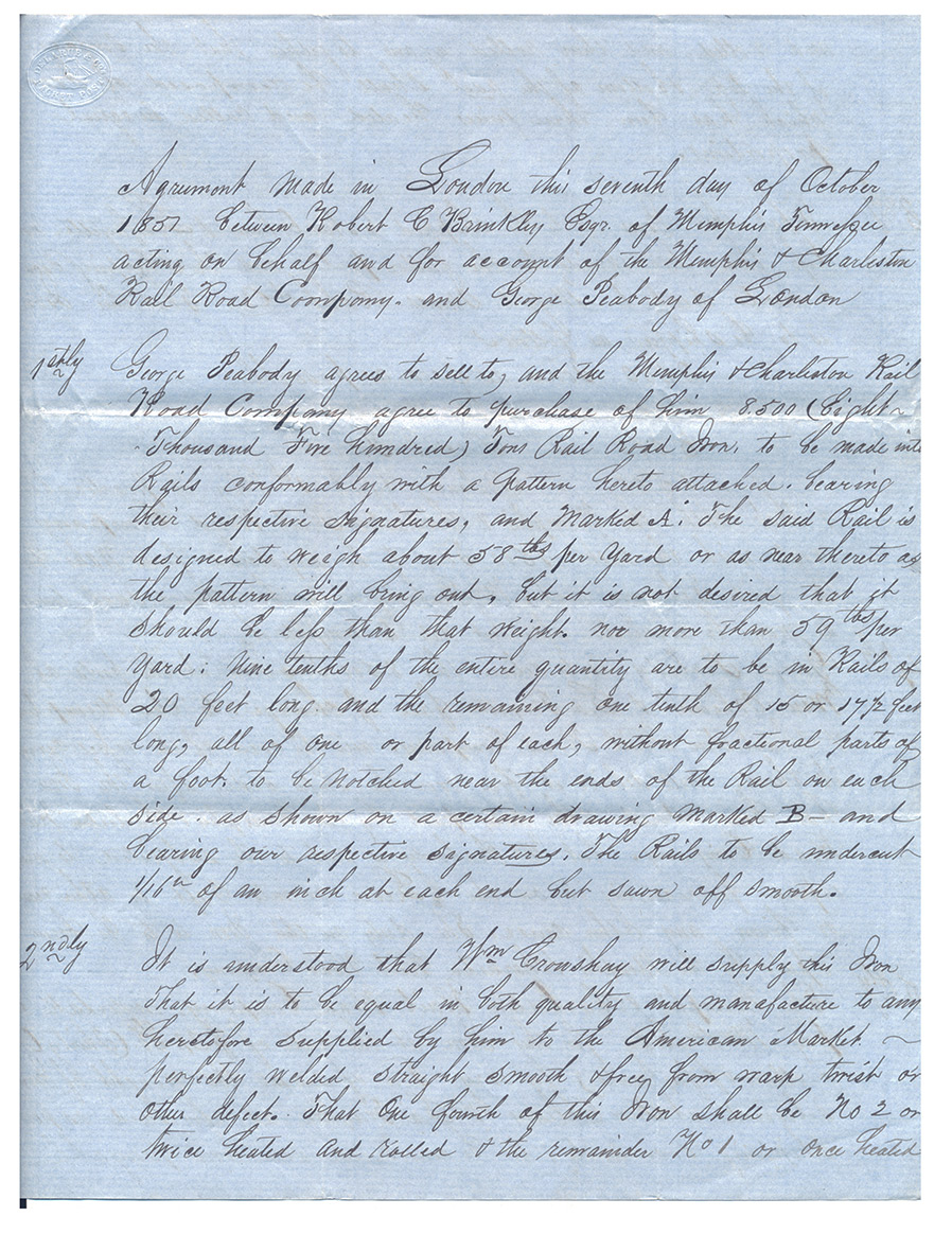 GEORGE PEABODY & THE MEMPHIS & CHARLESTON RAILROAD: 1857 LONDON AGREEMENT FOR 8,500 TONS OF WELSH IRON RAILS — "THE VERTEBRAE OF THE CONFEDERACY"