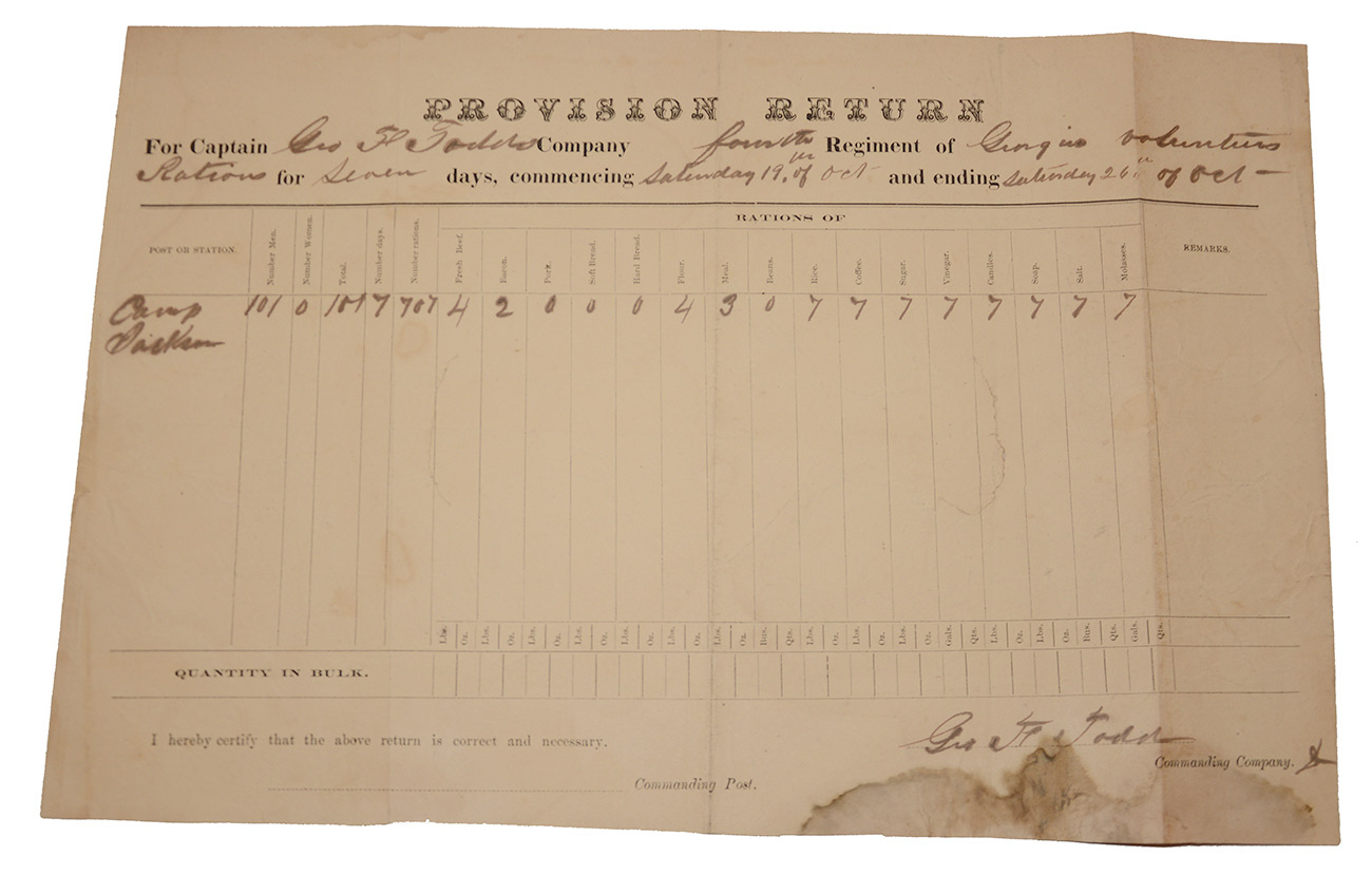 VERY SCARCE, EARLY CONFEDERATE PROVISION RETURN FORM – 4th GEORGIA, 1861, SIGNED BY CAPTAIN GEORGE TODD (KIA)