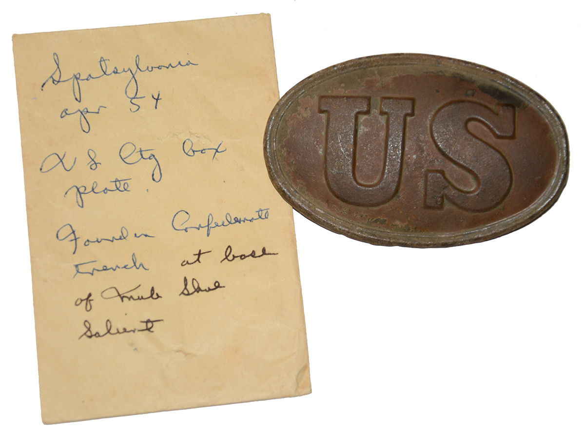 U.S. M1839 CARTRIDGE BOX PLATE RECOVERED BY SYD KERKSIS IN APRIL 1954 IN A CONFEDERATE TRENCH AT THE BASE OF THE MULE-SHOE SALIENT 