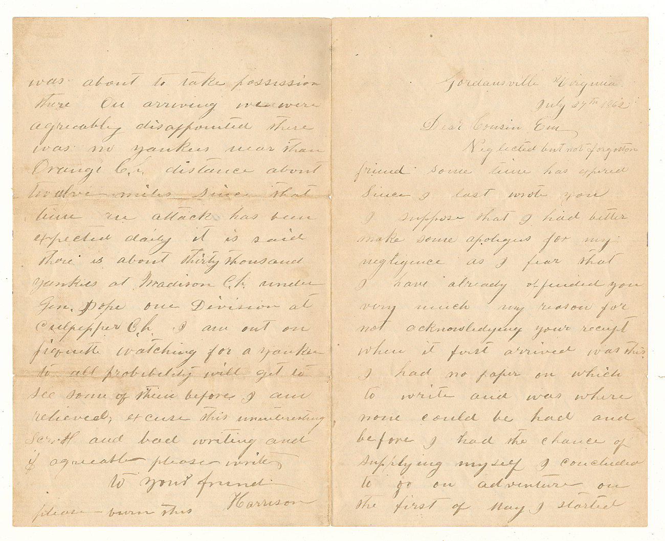 JULY 1862 21ST NORTH CAROLINA INFANTRY LETTER – PVT. HARRISON ALEXANDER; POW CEDAR CREEK