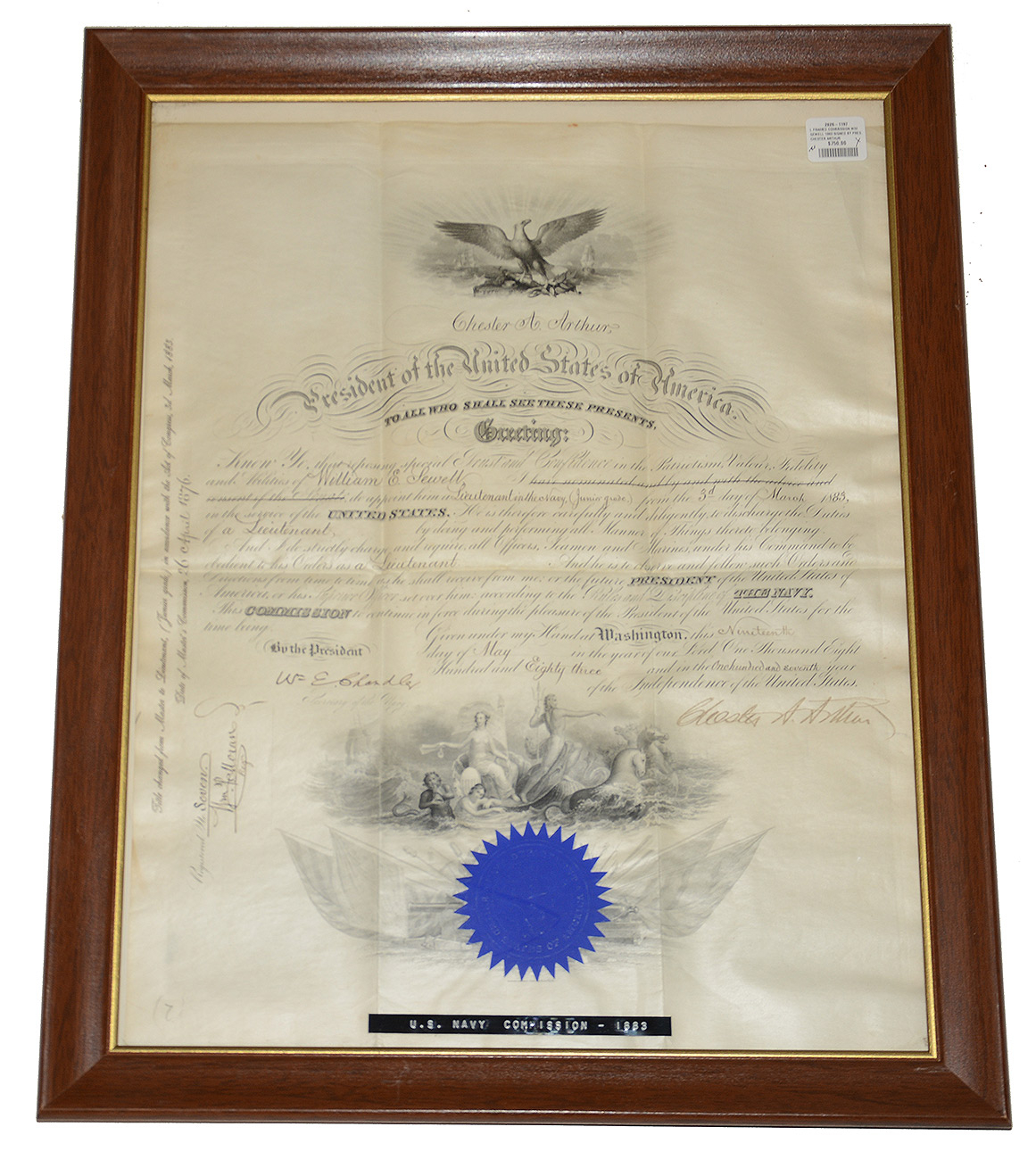 U.S. NAVY LIEUTENANT'S COMMISSION SIGNED BY PRESIDENT CHESTER A. ARTHUR — WILLIAM E. SEWELL, FUTURE NAVAL GOVERNOR OF GUAM — 1883