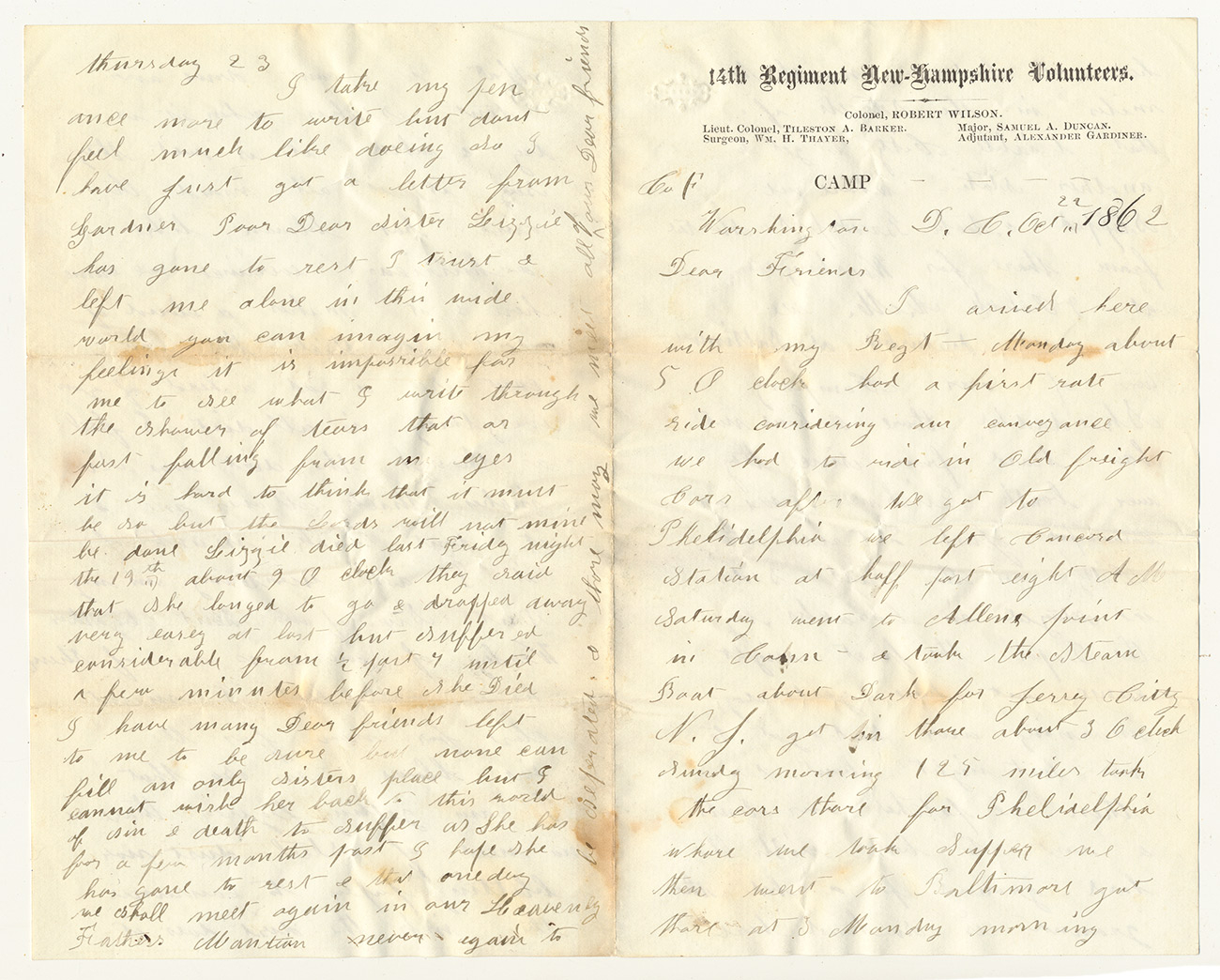 1862 14TH NEW HAMPSHIRE VOLUNTEERS LETTER WRITTEN BY UNIDENTIFIED PRIVATE OF COMPANY F